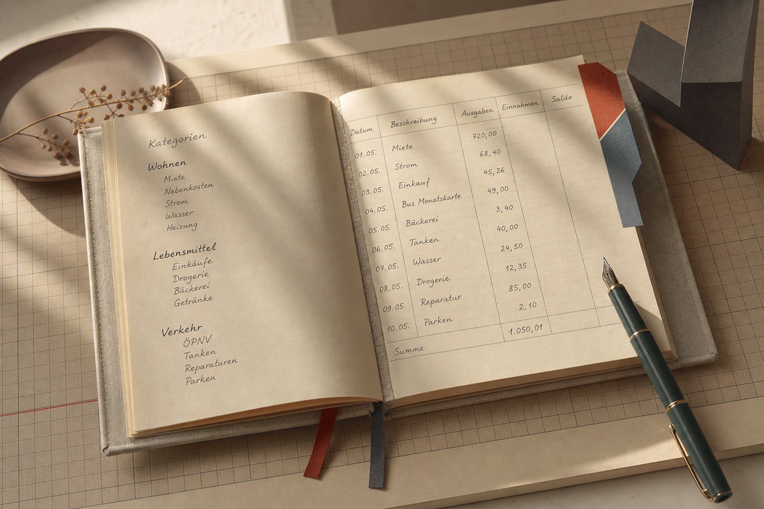 Offenes Haushaltsbuch mit handschriftlichen Ausgabenkategorien auf Millimeterpapier