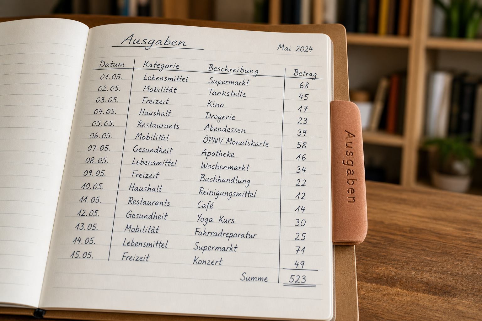 Ausgefüllte Journalseite mit deutschen Ausgabenzeilen